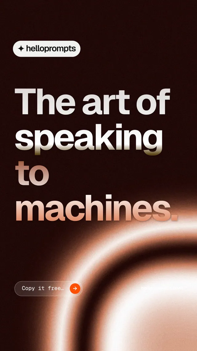 Instagram story for HelloPrompts: "The art of speaking to machines." Agentic glass style, poster layout, dark palette in black, orange, red.