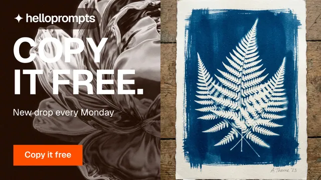 Landscape graphic for HelloPrompts: "Copy it free." Swiss style, bottom layout, dark palette in blue, orange, grey.