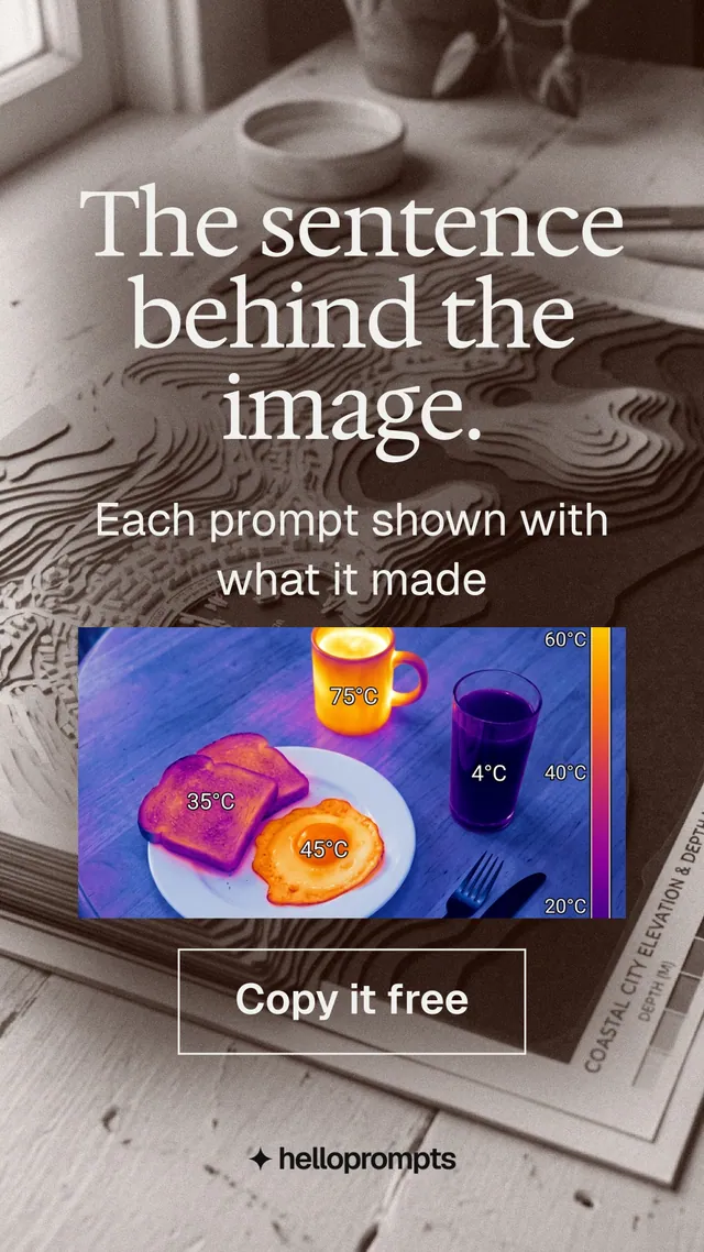 Instagram story for HelloPrompts: "The sentence behind the image." Editorial style, skeleton layout, light palette in grey, purple, red.
