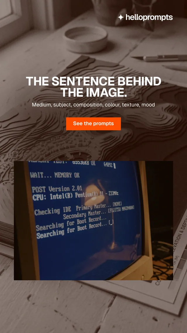 Instagram story for HelloPrompts: "The sentence behind the image." Swiss style, centred layout, dark palette in grey, blue, orange.