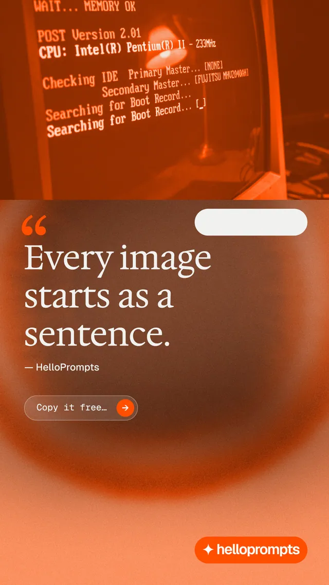 Instagram story for HelloPrompts: "Taste, written down." Agentic glass style, quote layout, dark palette in orange, brown.