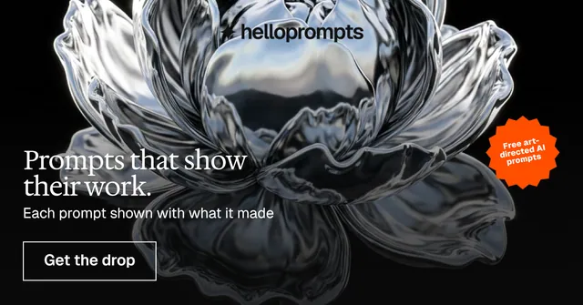 Social ad for HelloPrompts: "Prompts that show their work." Editorial style, sticker layout, dark palette in grey, black.