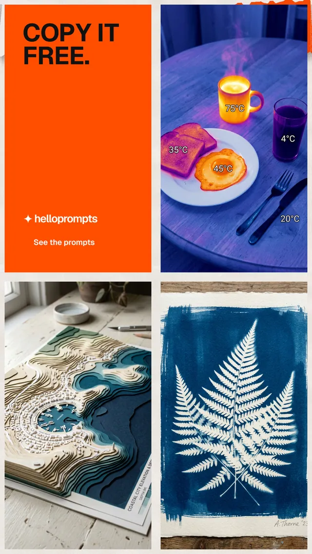 Instagram story for HelloPrompts: "Copy it free." Swiss style, collage layout, light palette in blue, orange, grey.