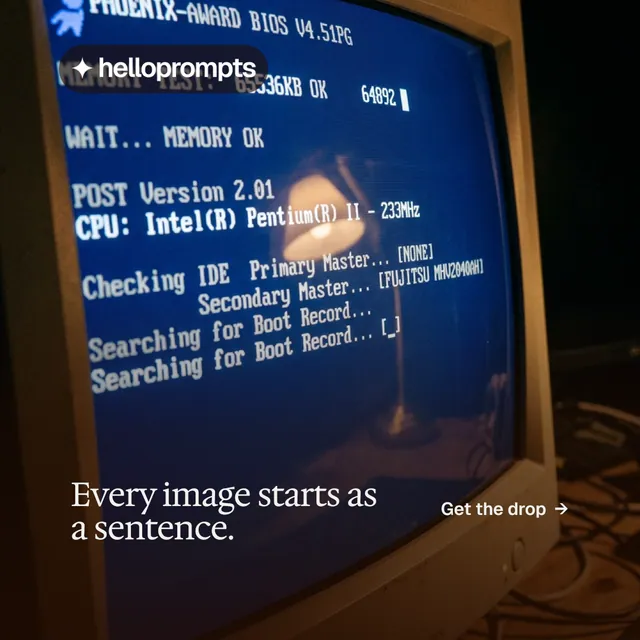 Instagram post for HelloPrompts: "Every image starts as a sentence." Editorial style, image led layout, dark palette in black, blue, grey.