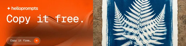 LinkedIn banner for HelloPrompts: "Copy it free." Agentic glass style, bottom layout, light palette in orange, black, brown.