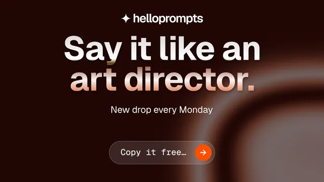Landscape graphic for HelloPrompts: "Say it like an art director." Agentic glass style, centred layout, dark palette in black, grey, red.
