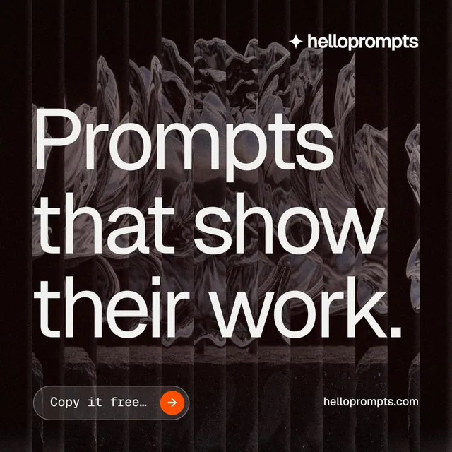 Instagram post for HelloPrompts: "Prompts that show their work." Agentic glass style, poster layout, dark palette in black, grey.