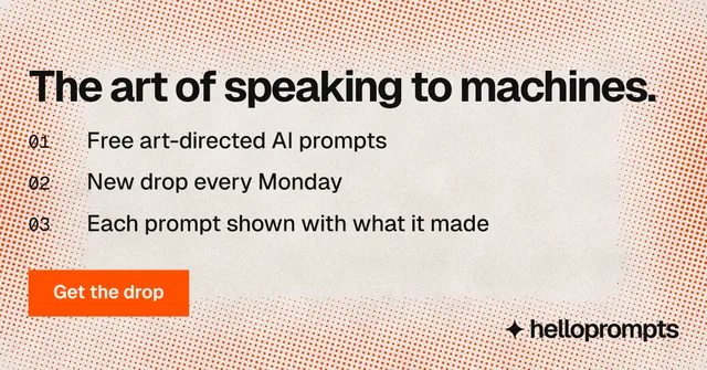 Social ad for HelloPrompts: "The art of speaking to machines." Swiss style, numbered layout, light palette in orange.