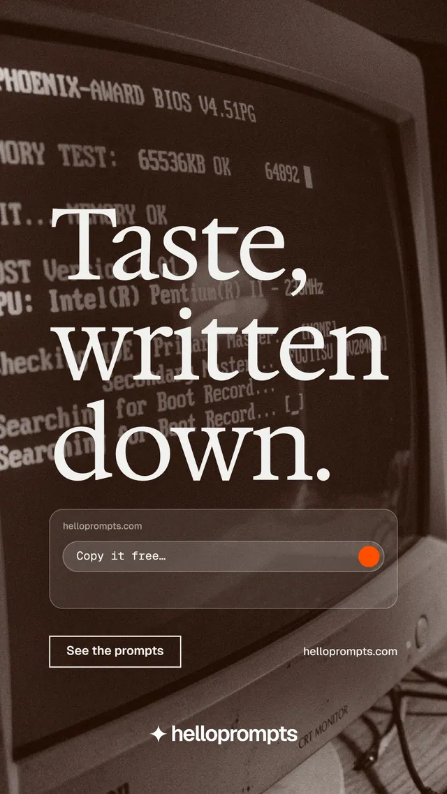 Instagram story for HelloPrompts: "Taste, written down." Editorial style, poster layout, dark palette in orange, black, grey.