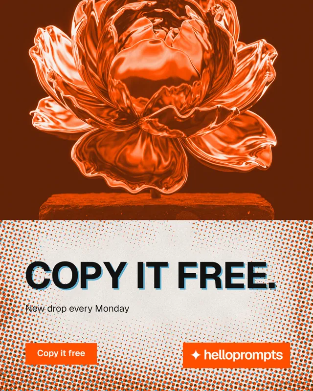 Instagram portrait post for HelloPrompts: "Copy it free." Retro print style, bottom layout, light palette in orange.