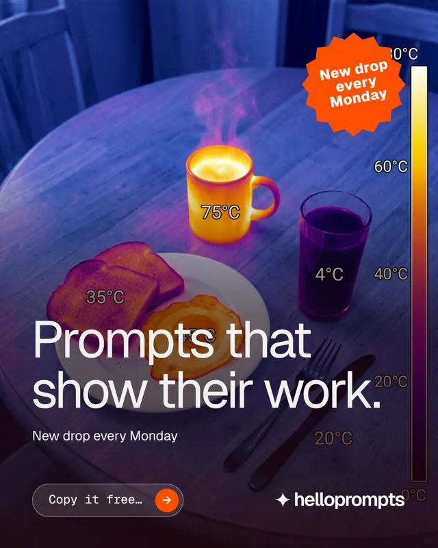Instagram portrait post for HelloPrompts: "Prompts that show their work." Agentic glass style, sticker layout, dark palette in purple, grey, blue.