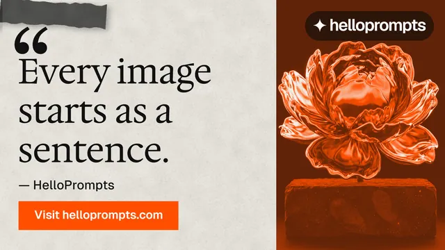 Landscape graphic for HelloPrompts: "The sentence behind the image." Swiss style, quote layout, light palette in white, orange, brown.