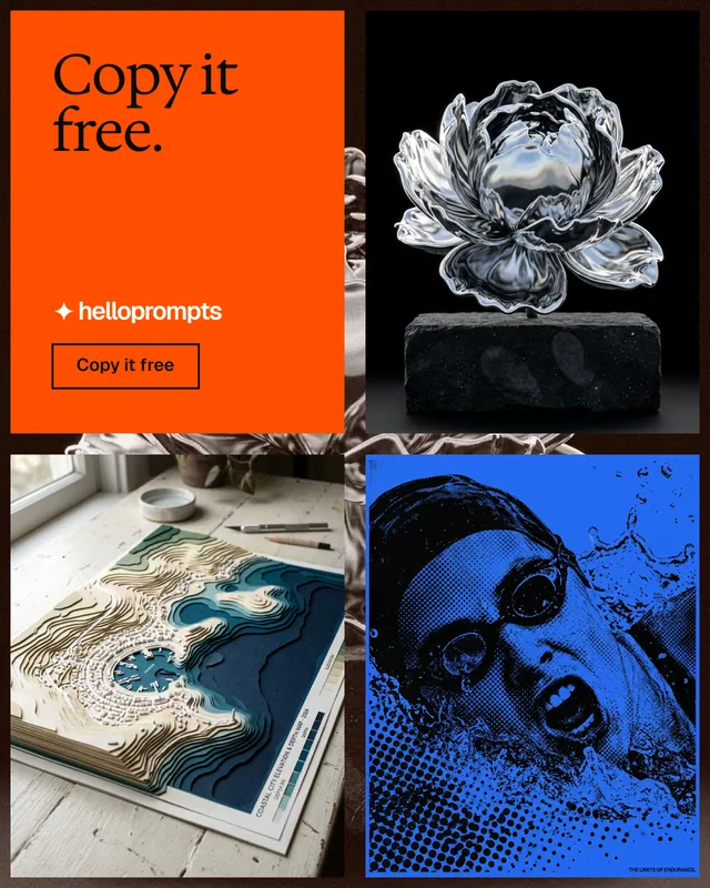 Instagram portrait post for HelloPrompts: "Copy it free." Editorial style, collage layout, dark palette in black, red, grey.
