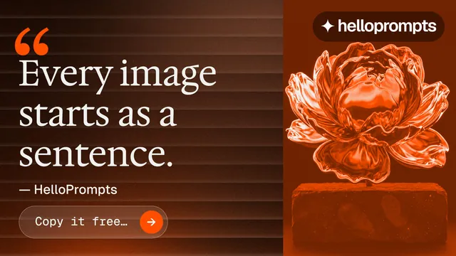 Landscape graphic for HelloPrompts: "Say it like an art director." Agentic glass style, quote layout, dark palette in black, orange, brown.