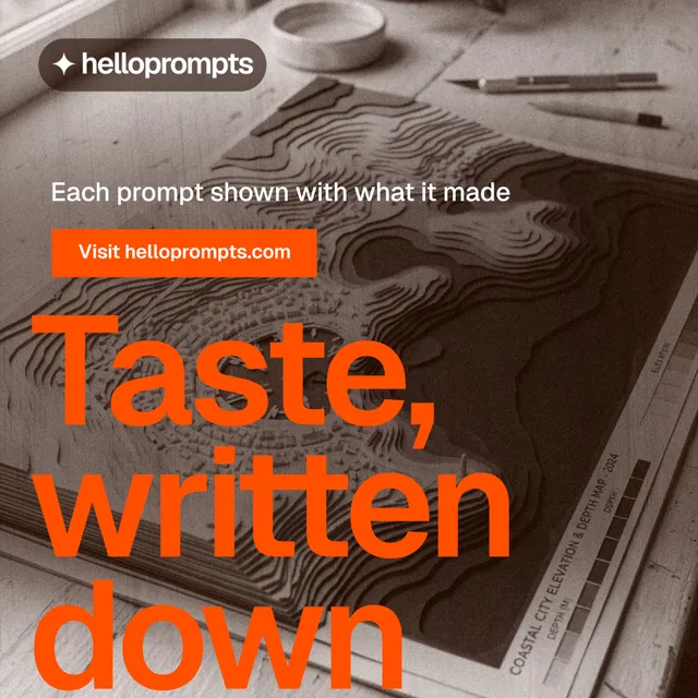Instagram post for HelloPrompts: "Taste, written down." Swiss style, oversized layout, dark palette in orange, grey.