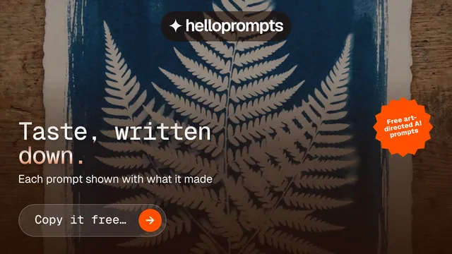 Landscape graphic for HelloPrompts: "Taste, written down." Agentic glass style, sticker layout, dark palette in orange, grey, blue.