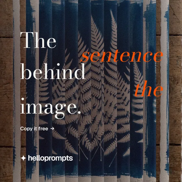 Instagram post for HelloPrompts: "The sentence behind the image." Minimal luxury style, stacked layout, dark palette in blue, grey, black.
