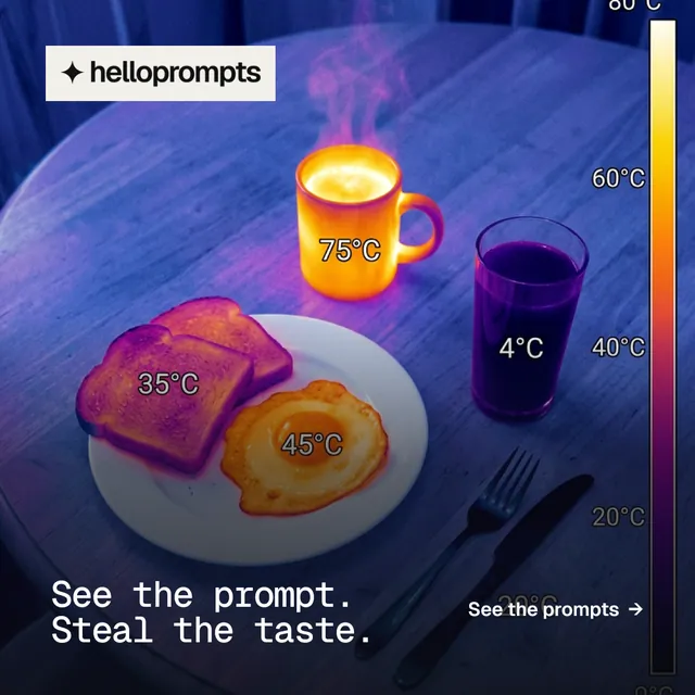 Instagram post for HelloPrompts: "See the prompt. Steal the taste." Swiss style, image led layout, dark palette in blue, purple, grey.