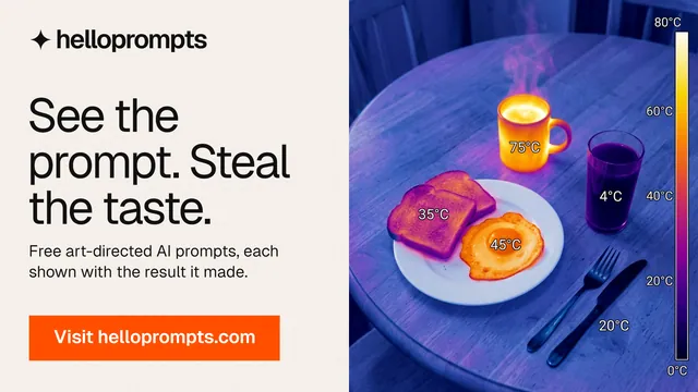 Landscape graphic for HelloPrompts: "See the prompt. Steal the taste." Swiss style, bottom layout, light palette in white, blue, orange.
