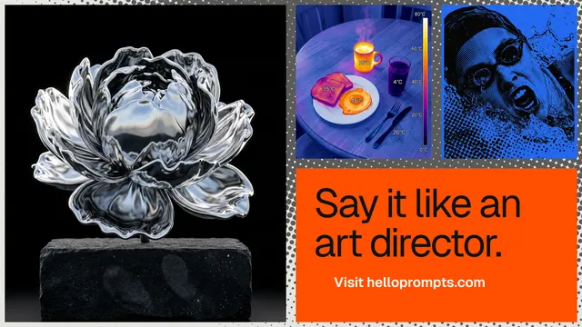 Landscape graphic for HelloPrompts: "Say it like an art director." Swiss style, collage layout, dark palette in black, grey, red.