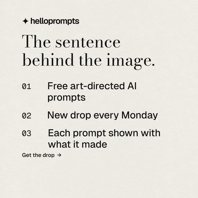 Instagram post for HelloPrompts: "The sentence behind the image." Minimal luxury style, numbered layout, light palette in yellow, grey, white.