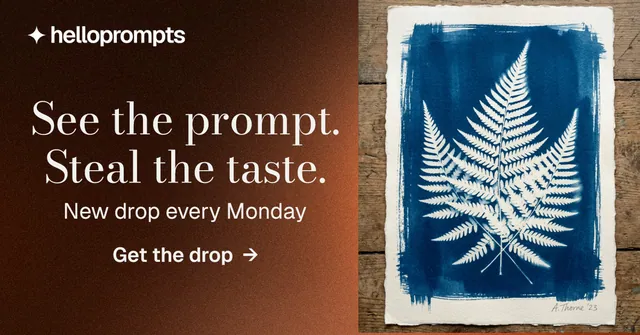 Social ad for HelloPrompts: "See the prompt. Steal the taste." Minimal luxury style, skeleton layout, dark palette in orange, grey, black.