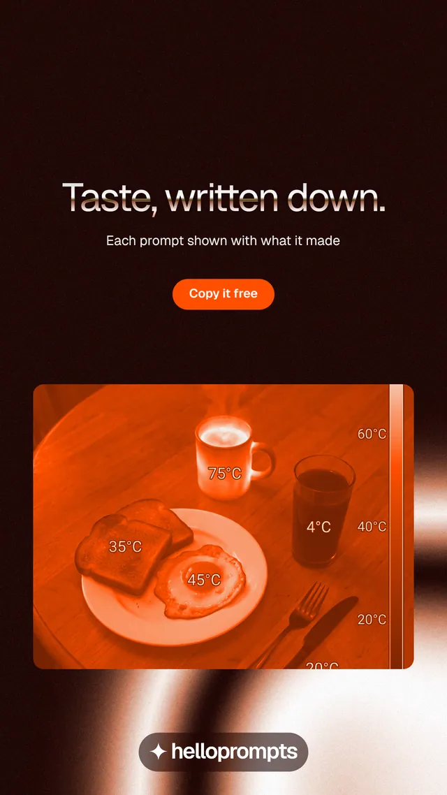 Instagram story for HelloPrompts: "Taste, written down." Y2K style, centred layout, dark palette in orange, black.