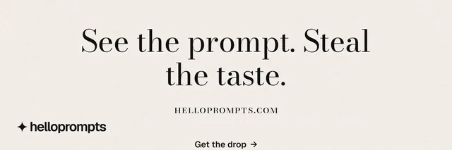 X header for HelloPrompts: "See the prompt. Steal the taste." Minimal luxury style, smallcaps layout, light palette in white, grey.