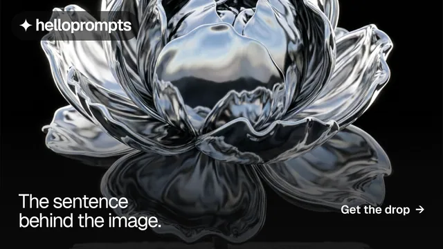 Landscape graphic for HelloPrompts: "The sentence behind the image." Swiss style, image led layout, dark palette in grey, black.