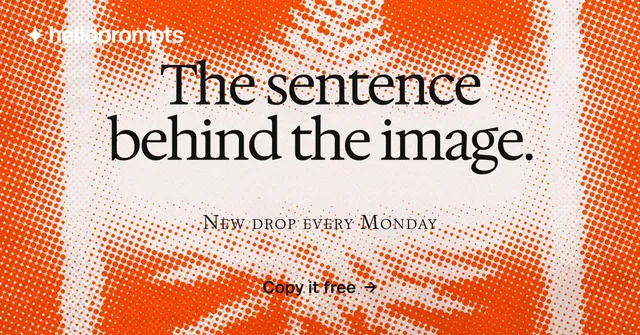 Social ad for HelloPrompts: "The sentence behind the image." Split block style, smallcaps layout, light palette in orange, white.