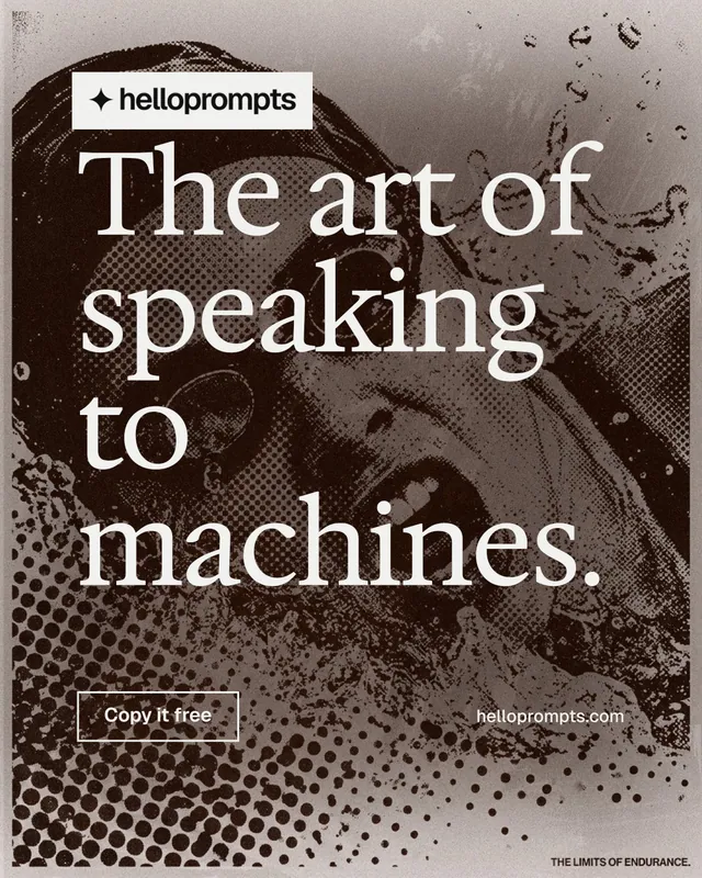 Instagram portrait post for HelloPrompts: "The art of speaking to machines." Editorial style, poster layout, dark palette in grey, orange.