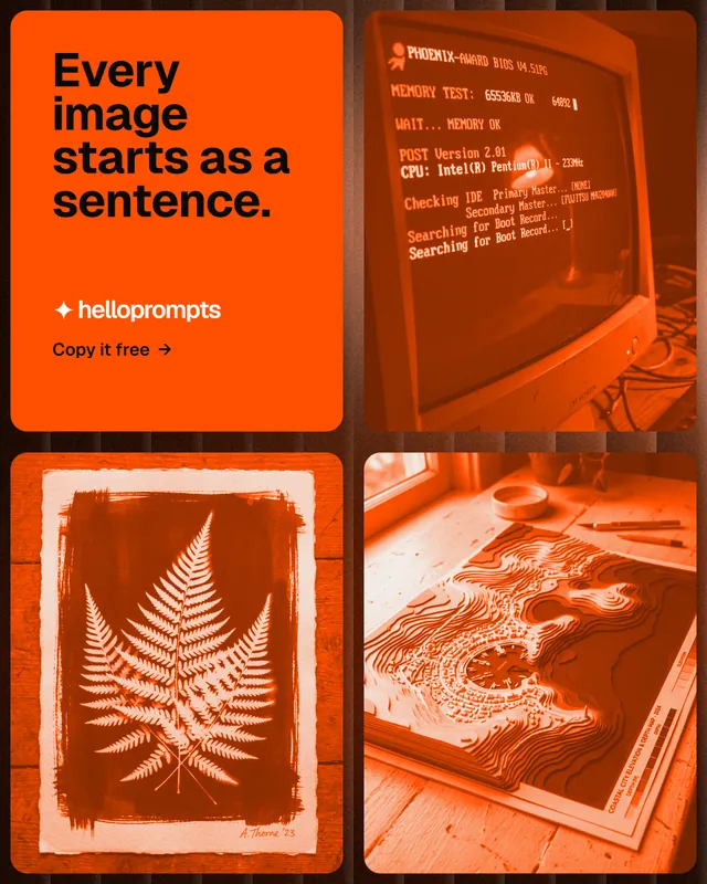 Instagram portrait post for HelloPrompts: "Every image starts as a sentence." Agentic glass style, collage layout, dark palette in orange.