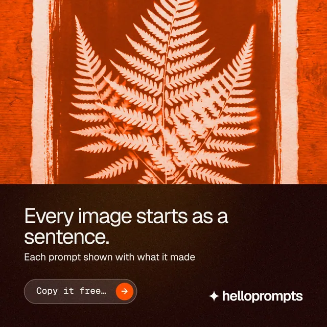 Instagram post for HelloPrompts: "Every image starts as a sentence." Agentic glass style, bottom layout, dark palette in black, orange.