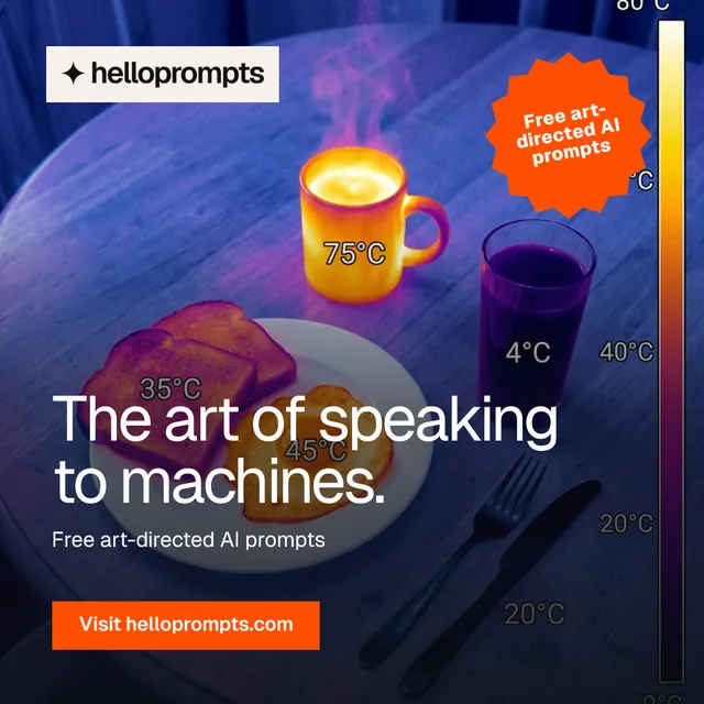 Instagram post for HelloPrompts: "The art of speaking to machines." Swiss style, sticker layout, dark palette in blue, grey, purple.