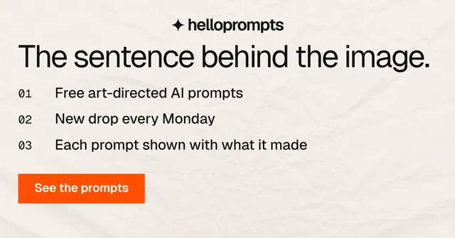 Social ad for HelloPrompts: "The sentence behind the image." Swiss style, numbered layout, light palette in orange, white.