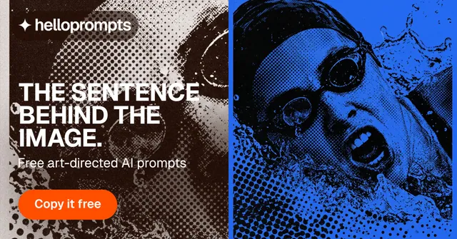 Social ad for HelloPrompts: "The sentence behind the image." Photo poster style, bottom layout, dark palette in blue, black, orange.