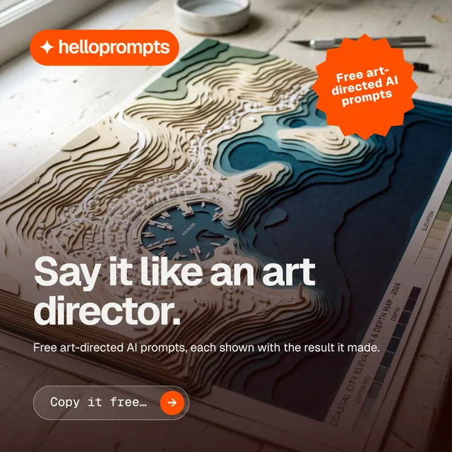Instagram post for HelloPrompts: "Say it like an art director." Agentic glass style, sticker layout, dark palette in black, grey, orange.