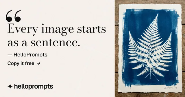 Social ad for HelloPrompts: "Say it like an art director." Minimal luxury style, quote layout, light palette in white, blue, grey.