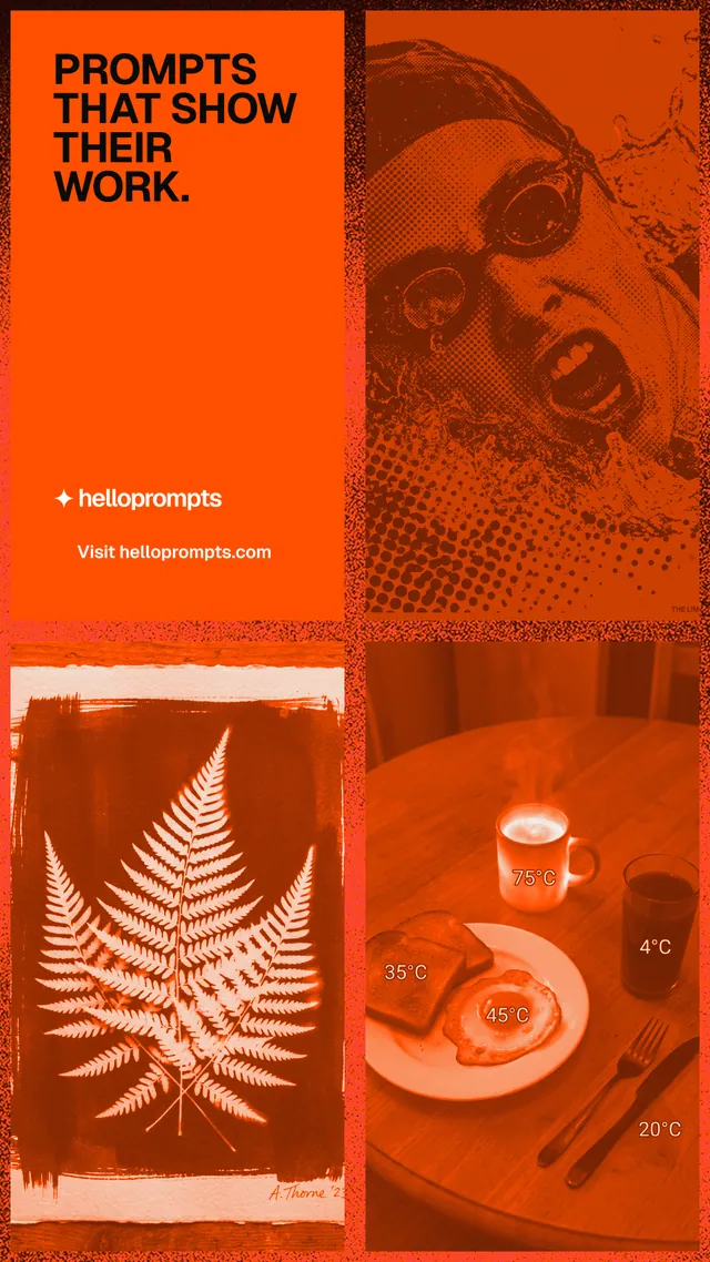 Instagram story for HelloPrompts: "Prompts that show their work." Swiss style, collage layout, dark palette in orange.