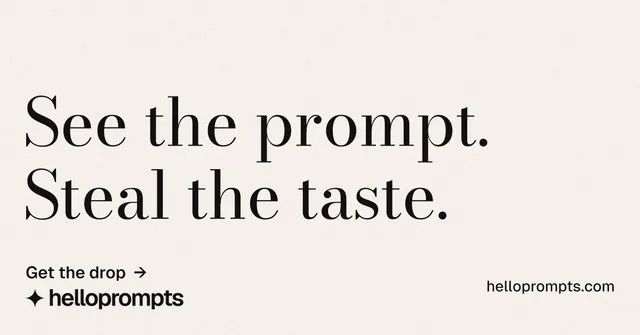 Social ad for HelloPrompts: "See the prompt. Steal the taste." Minimal luxury style, poster layout, light palette in white.