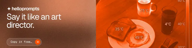 LinkedIn banner for HelloPrompts: "Say it like an art director." Agentic glass style, bottom layout, dark palette in orange, brown.