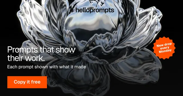 Social ad for HelloPrompts: "Prompts that show their work." Swiss style, sticker layout, dark palette in grey, black.