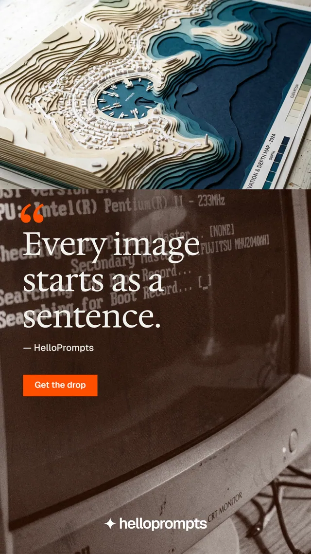 Instagram story for HelloPrompts: "The art of speaking to machines." Swiss style, quote layout, dark palette in orange, grey, black.