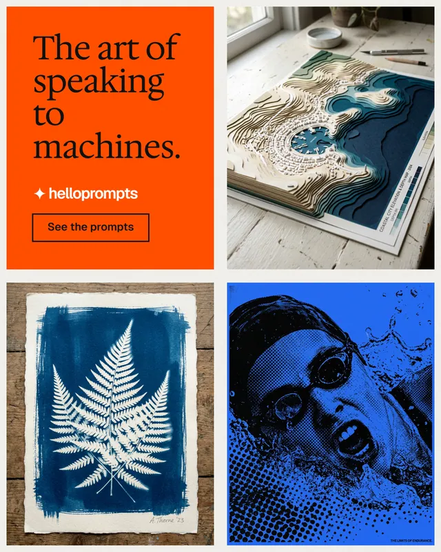 Instagram portrait post for HelloPrompts: "The art of speaking to machines." Editorial style, collage layout, light palette in white, blue, grey.