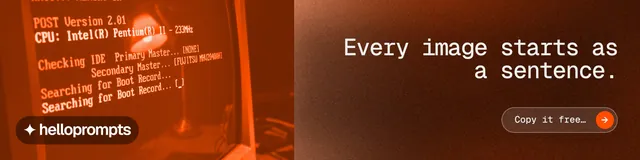 LinkedIn banner for HelloPrompts: "Every image starts as a sentence." Agentic glass style, right layout, dark palette in orange, brown.