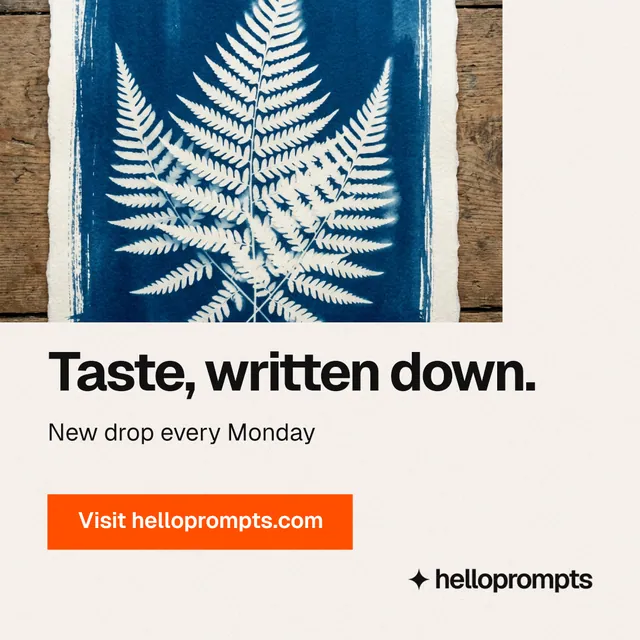 Instagram post for HelloPrompts: "Taste, written down." Swiss style, skeleton layout, light palette in white, grey.