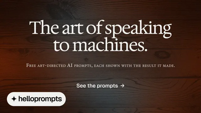 Landscape graphic for HelloPrompts: "The art of speaking to machines." Agentic glass style, smallcaps layout, dark palette in orange, black, grey.