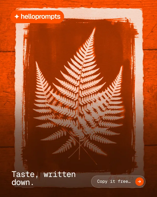 Instagram portrait post for HelloPrompts: "Taste, written down." Agentic glass style, image led layout, dark palette in orange.