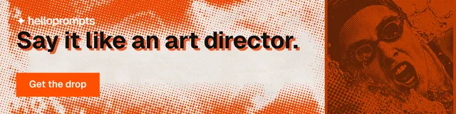 LinkedIn banner for HelloPrompts: "Say it like an art director." Retro print style, skeleton layout, light palette in orange.