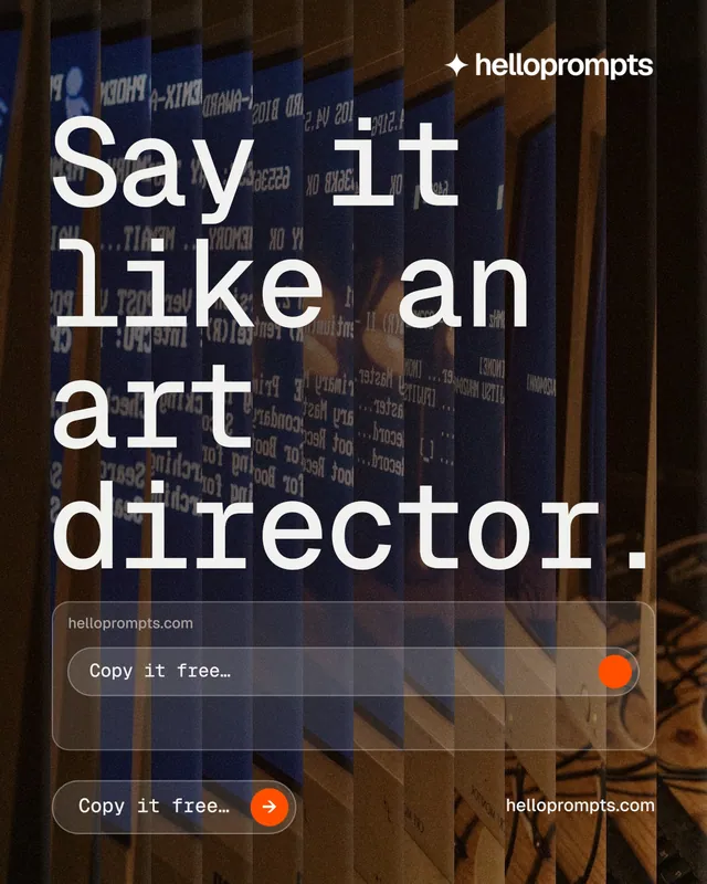 Instagram portrait post for HelloPrompts: "Say it like an art director." Agentic glass style, poster layout, dark palette in black, grey.